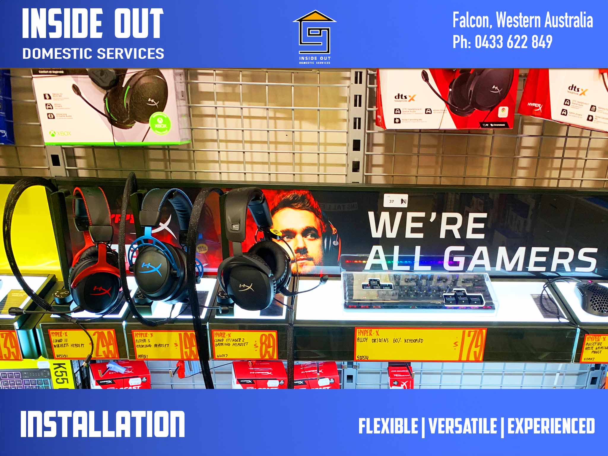 Inside Out Handyman Services, Falcon handyman installs a Hyper X Gamers Headset display at JB Hifi at Mandurah Forum